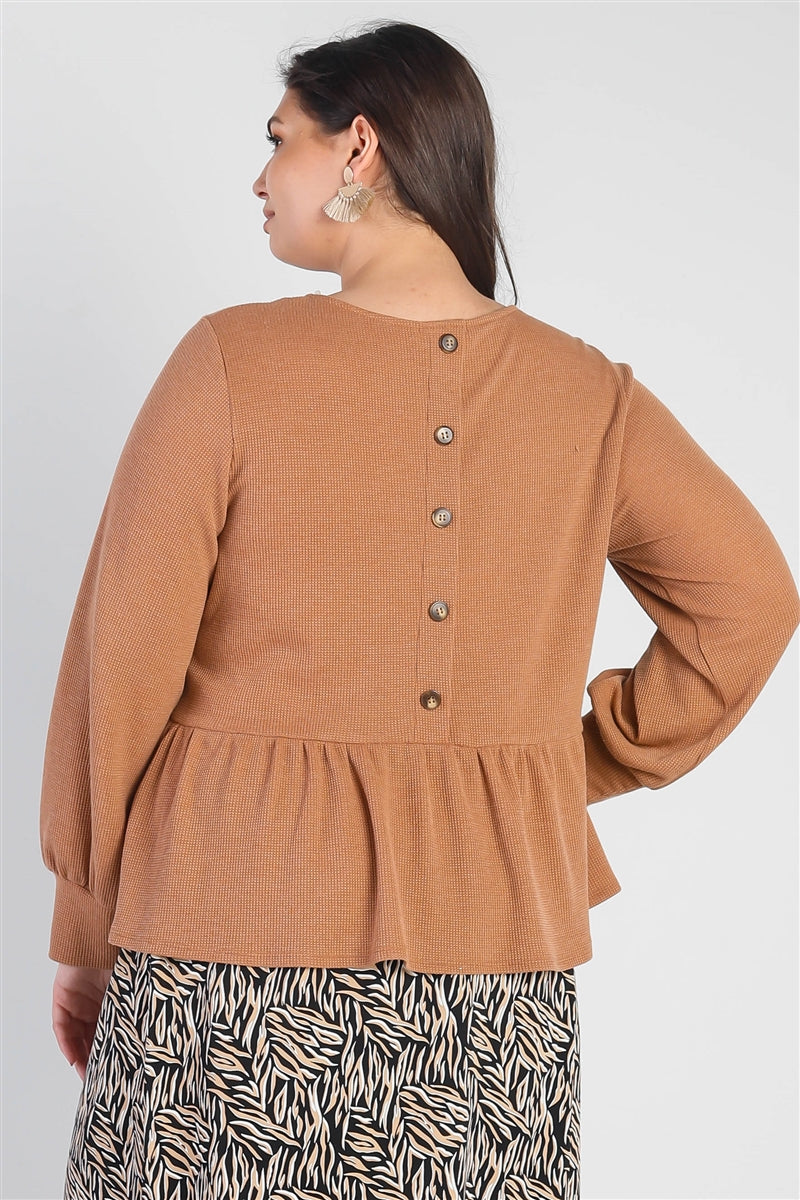 Plus Caramel Waffle Knit Back Button Detail Long Sleeve Top Smile Sparker