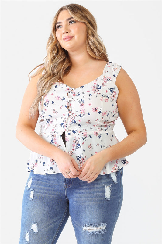 Plus Floral Button-up Sleeveless Flare Hem Top Smile Sparker