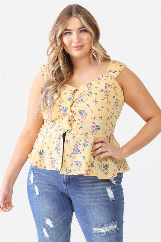 Plus Floral Button-up Sleeveless Flare Hem Top Smile Sparker