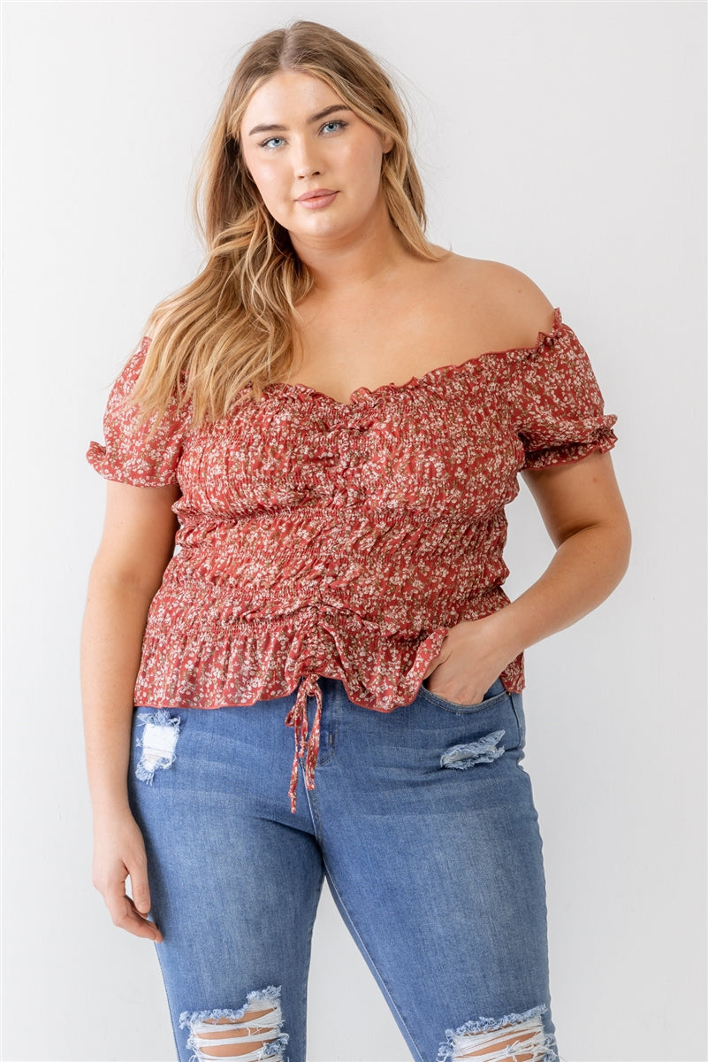 Plus Floral Chiffon Ruched Smocked Off-the-shoulder Top Smile Sparker