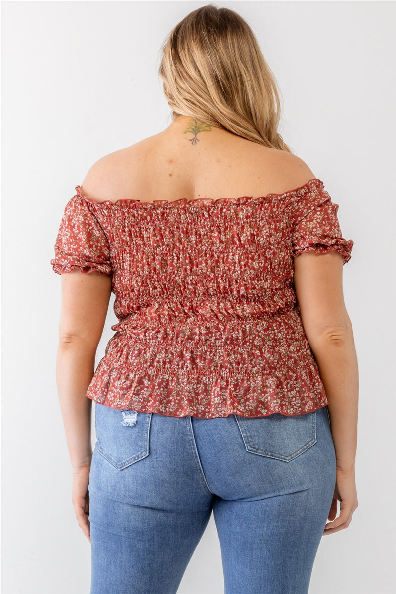 Plus Floral Chiffon Ruched Smocked Off-the-shoulder Top Smile Sparker