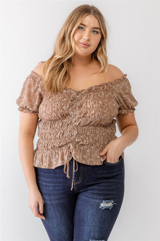 Plus Floral Chiffon Ruched Smocked Off-the-shoulder Top Smile Sparker