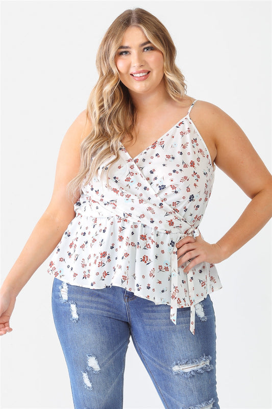 Plus Floral Sleeveless Wrap Neck Flare Hem Top Smile Sparker