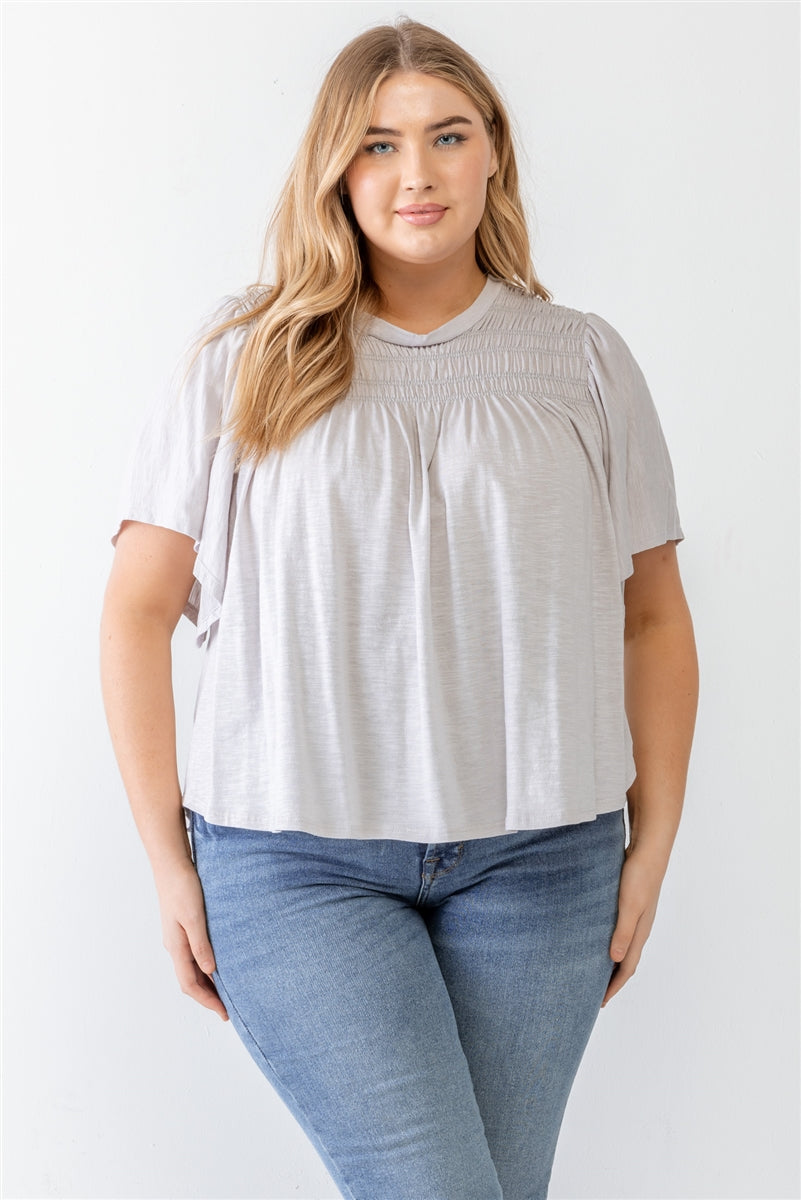 Plus Grey Cotton Blend Smoked Short Sleeve Top Smile Sparker