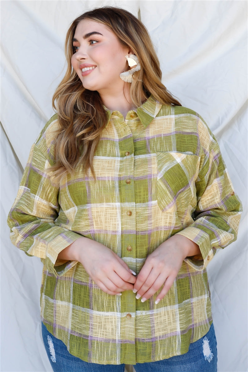 Plus Lime Cotton & Linen Blend Textured Plaid Shirt Top Smile Sparker