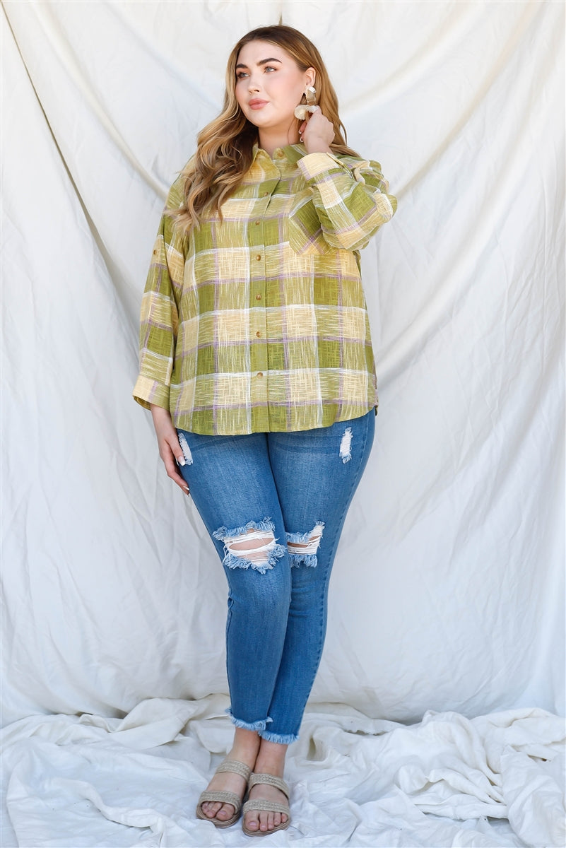 Plus Lime Cotton & Linen Blend Textured Plaid Shirt Top Smile Sparker