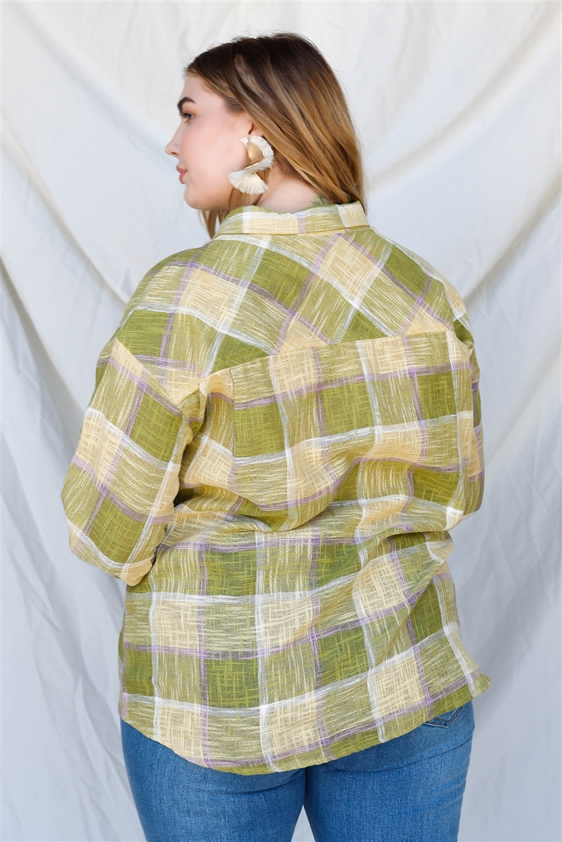 Plus Lime Cotton & Linen Blend Textured Plaid Shirt Top Smile Sparker