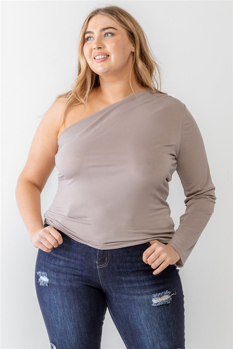 Plus Mocha Textured One Shoulder Top Smile Sparker