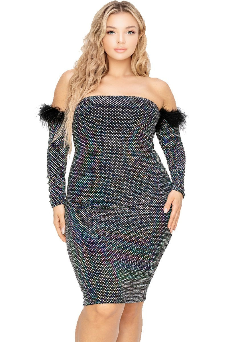 Plus Off Shoulder Feather Trim Detail Sequin Dress Smile Sparker