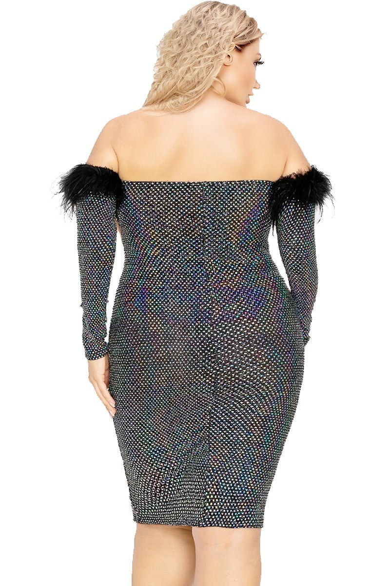 Plus Off Shoulder Feather Trim Detail Sequin Dress Smile Sparker