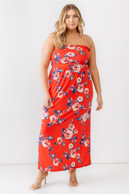 Plus Red Rose Print Ruched Strapless Midi Dress Smile Sparker