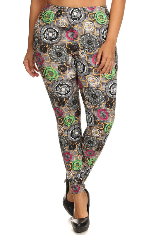 Plus Size Abstract Print, Full Length Leggings In A Slim Fitting Style With A Banded High Waist Smile Sparker