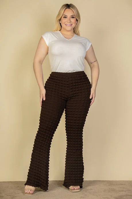 Plus Size Bubble Fabric Flare Pants - PLUS BOTTOMS - Brown