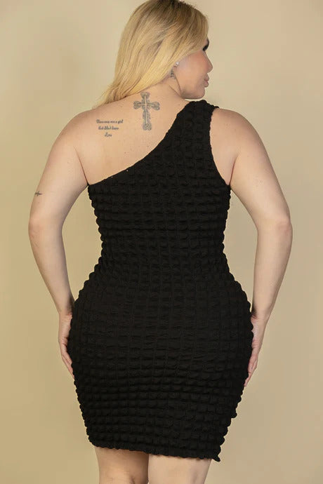 Plus Size Bubble Fabric One Shoulder Bodycon Mini Dress - PLUS DRESSES - Black