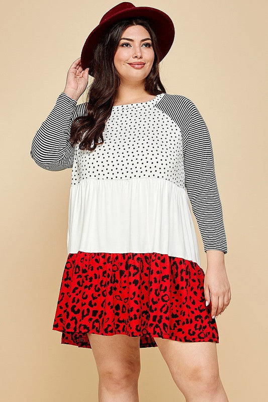 Plus Size Cute Polka Dot And Animal Print Contrast Swing Tiered Dress Smile Sparker