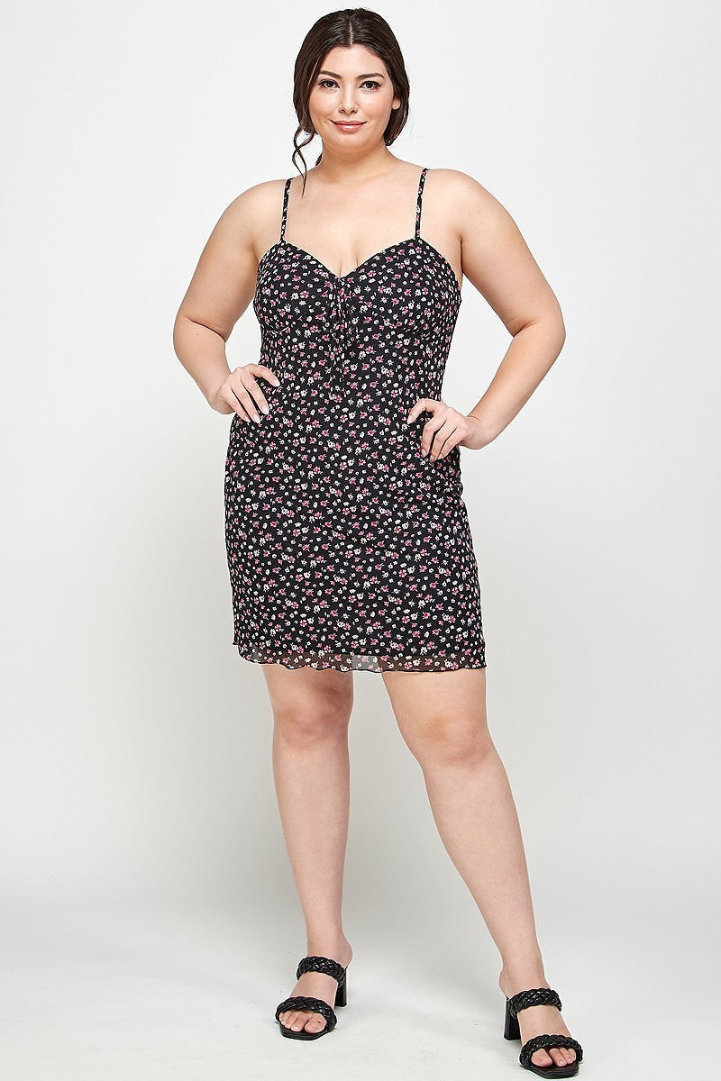 Plus Size Ditsy Floral Print On Mesh Fabric Cami Dress Smile Sparker