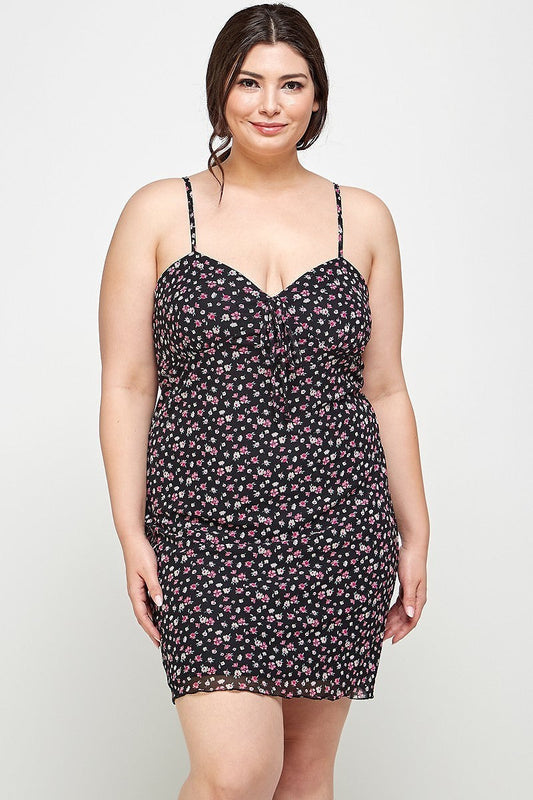 Plus Size Ditsy Floral Print On Mesh Fabric Cami Dress Smile Sparker