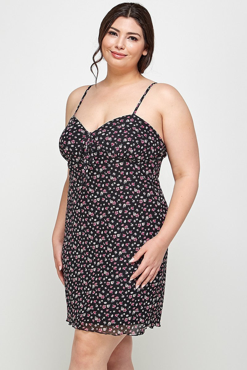 Plus Size Ditsy Floral Print On Mesh Fabric Cami Dress Smile Sparker