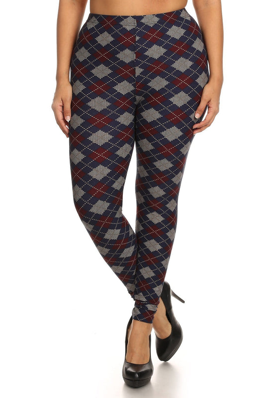 Plus Size Plaid Graphic Printed Knit Legging With Elastic Waist Detail Smile Sparker