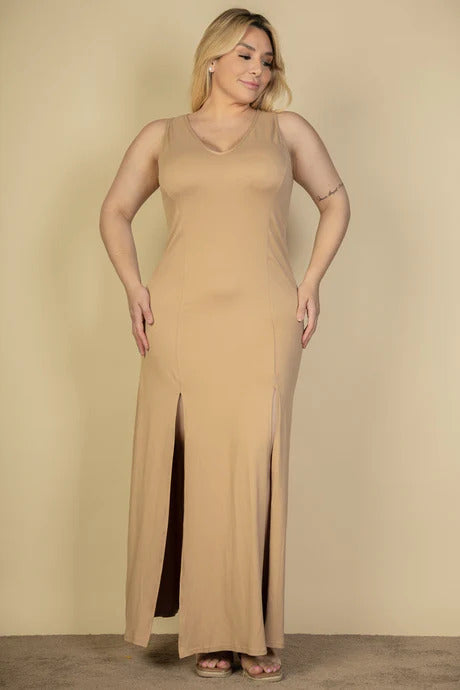 Plus Size Plunge Neck Thigh Split Maxi Dress - PLUS DRESSES - Brown