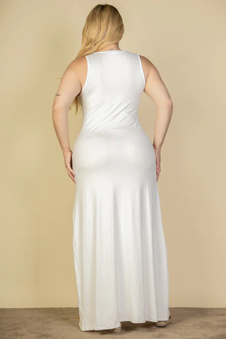 Plus Size Plunge Neck Thigh Split Maxi Dress - PLUS DRESSES - White