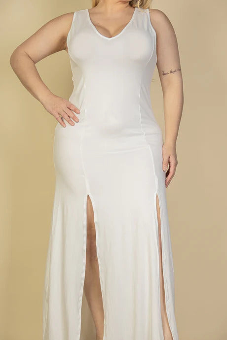 Plus Size Plunge Neck Thigh Split Maxi Dress - PLUS DRESSES - White