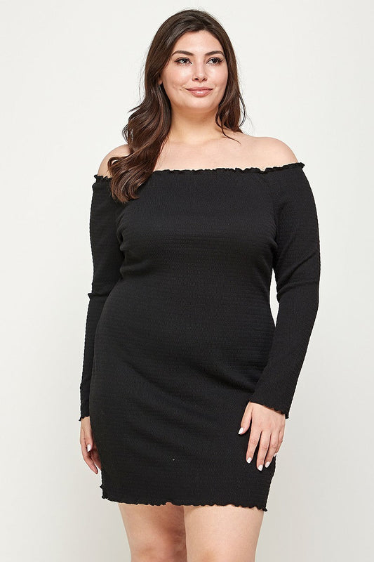 Plus Size, Solid Smocked Off Shoulder Dress Smile Sparker