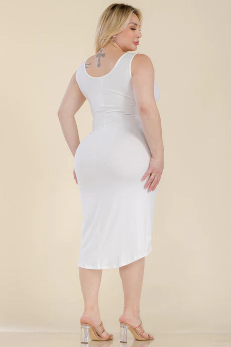 Plus Size Solid Wrap Front Tie Side Midi Dress Smile Sparker