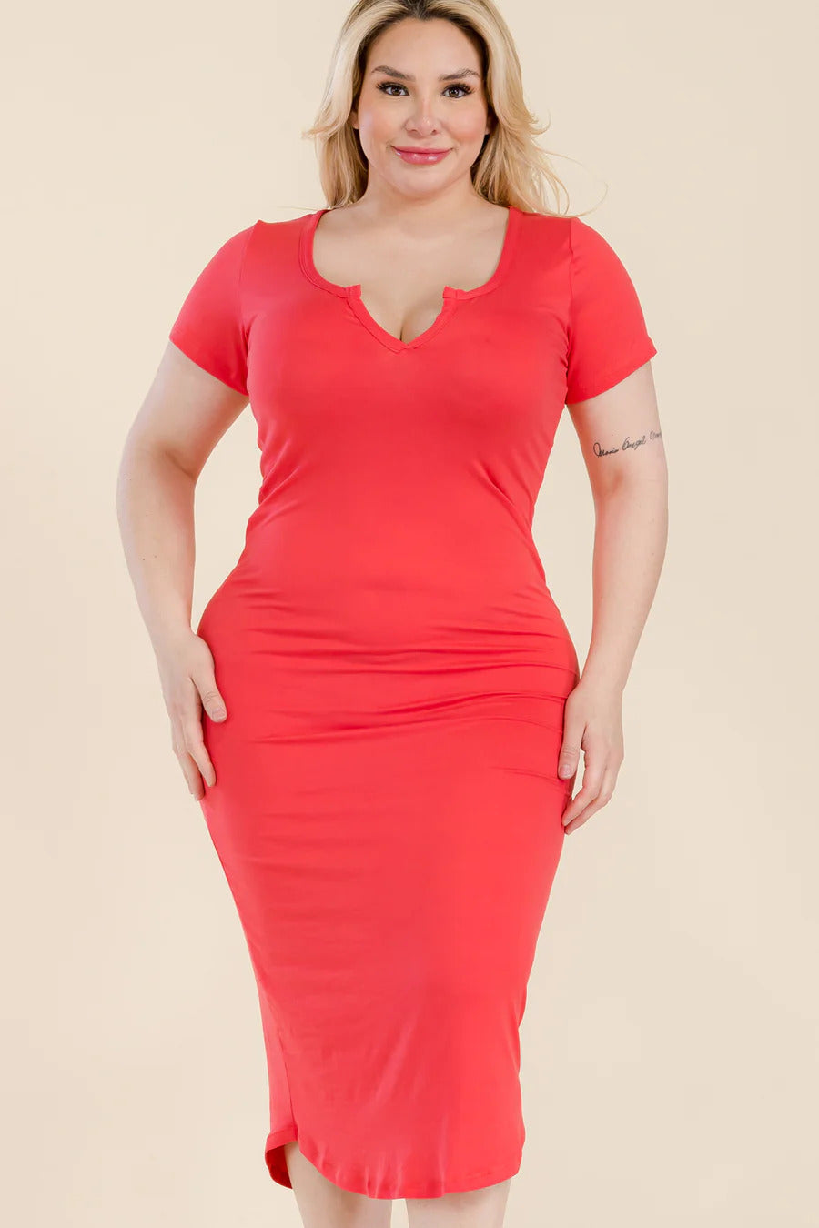 Plus Size Split Neck Bodycon Midi Dress Smile Sparker