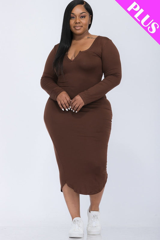 Plus Size Split Neck Long Sleeve Midi Dress Smile Sparker