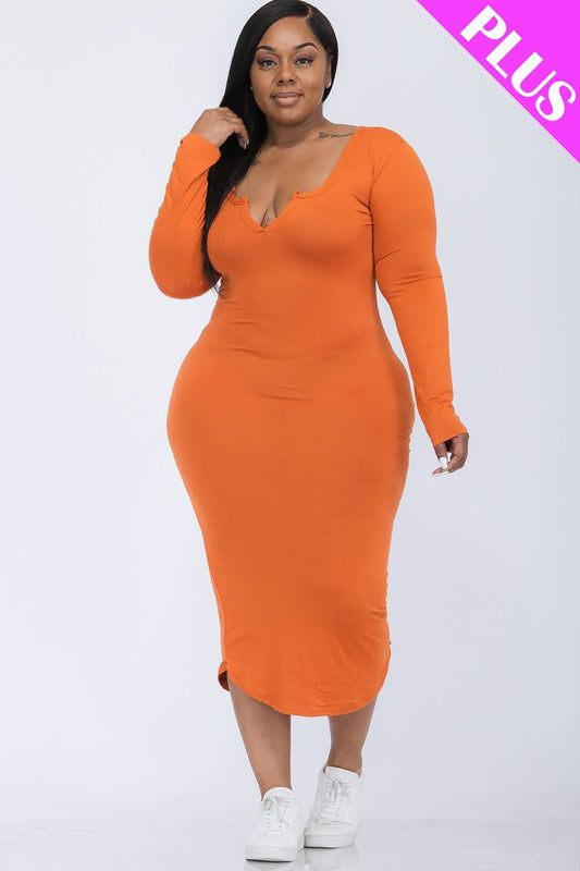 Plus Size Split Neck Long Sleeve Midi Dress Smile Sparker