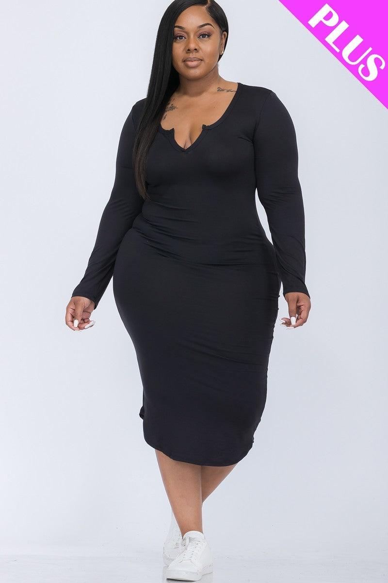 Plus Size Split Neck Long Sleeve Midi Dress Smile Sparker