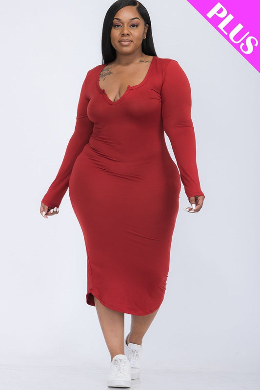 Plus Size Split Neck Long Sleeve Midi Dress Smile Sparker