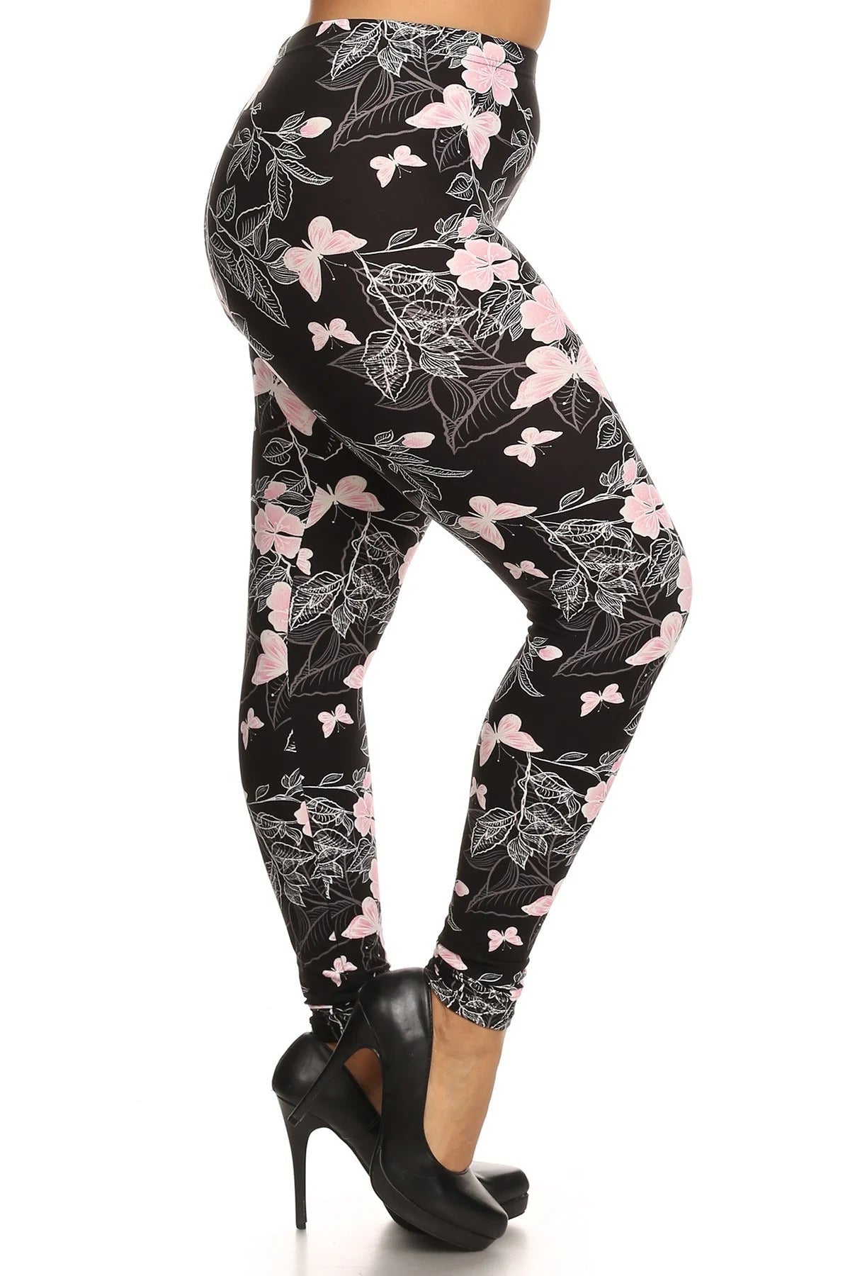 Plus Size Super Soft Peach Skin Fabric, Butterfly Graphic Printed Knit Legging With Elastic Waist Detail Smile Sparker