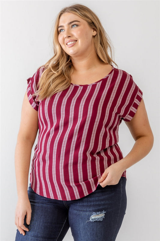 Plus Striped Short Sleeve Relax Top Smile Sparker