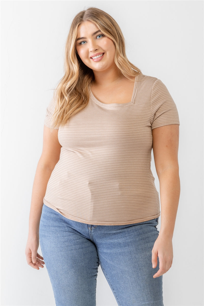 Plus Taupe Waffle Knit Angled Neck Short Sleeve Top Smile Sparker