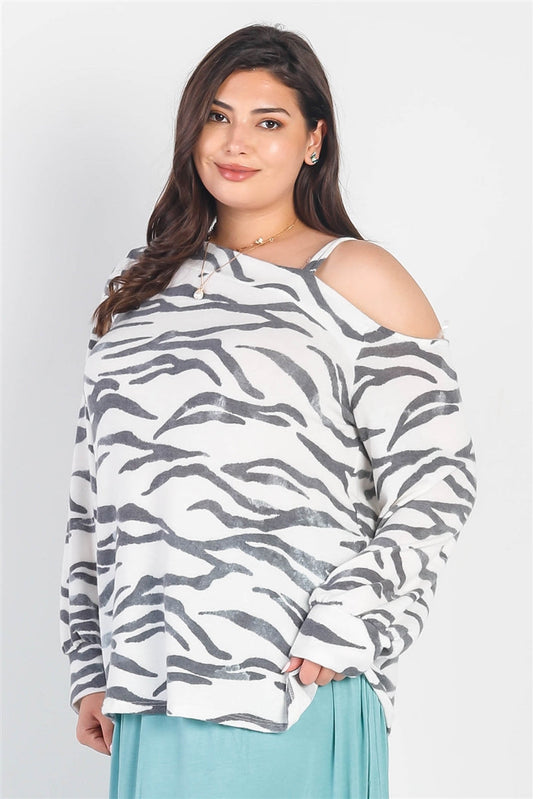 Plus White & Charcoal Zebra Flannel Cold Shoulder Long Sleeve Top Smile Sparker