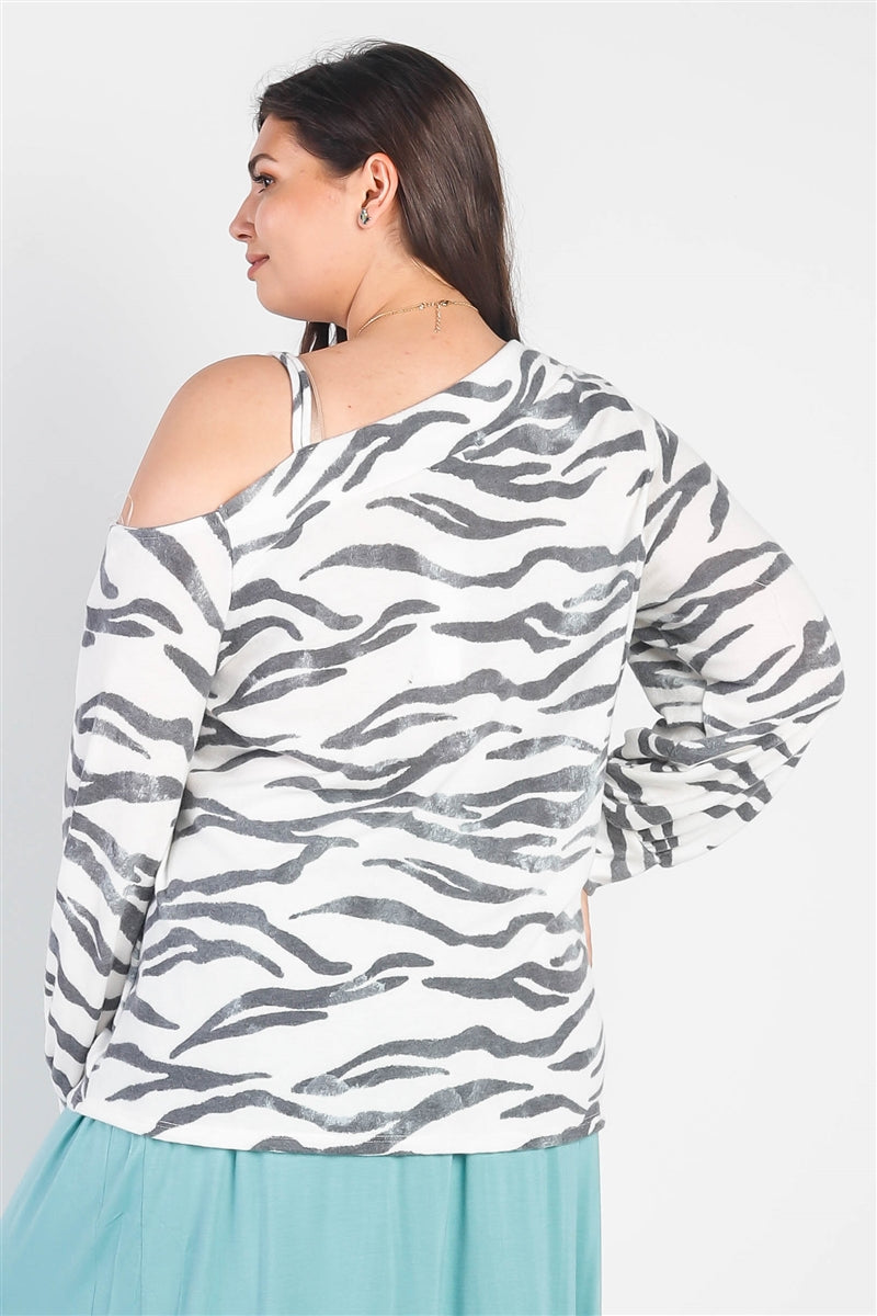 Plus White & Charcoal Zebra Flannel Cold Shoulder Long Sleeve Top Smile Sparker