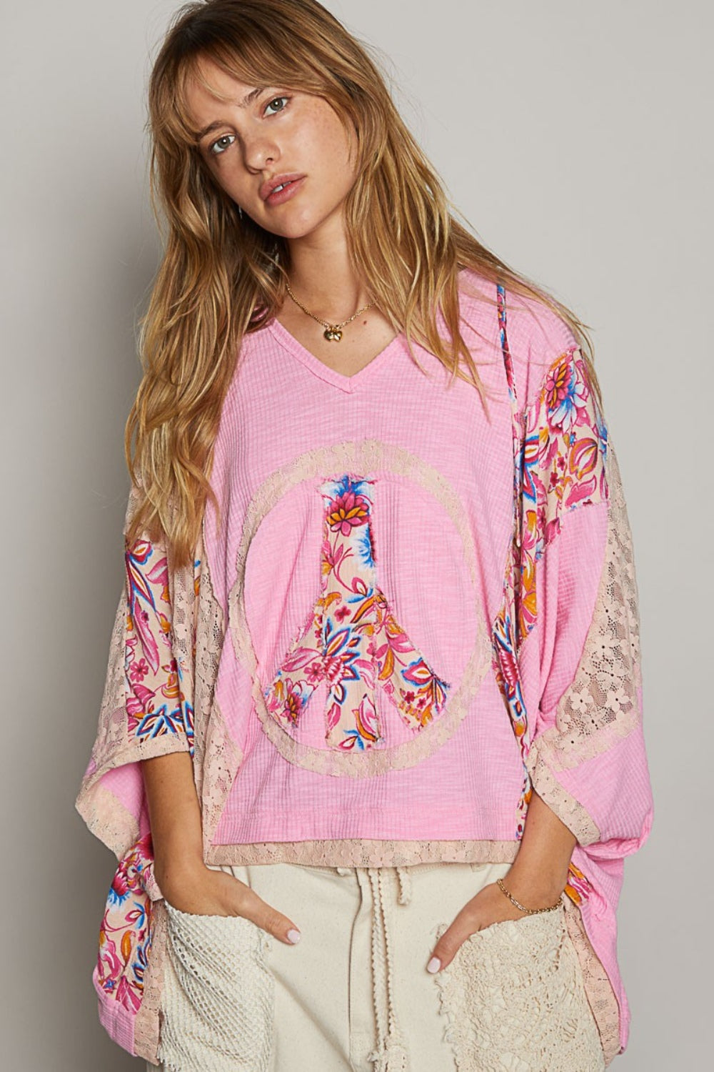 POL V-Neck Floral Print Peace Patch Lace Hooded Top - Pink Blush / S - TOPS - Pink