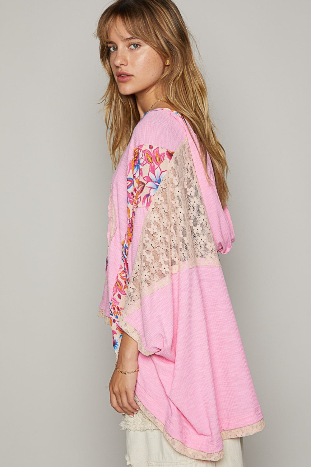 POL V-Neck Floral Print Peace Patch Lace Hooded Top - TOPS - Pink