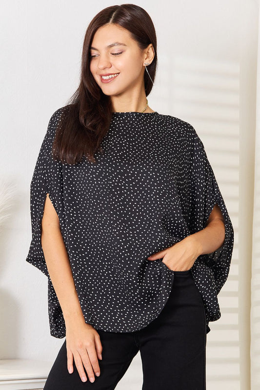 Printed Dolman Sleeve Round Neck Blouse - Black / S - TOPS - Black