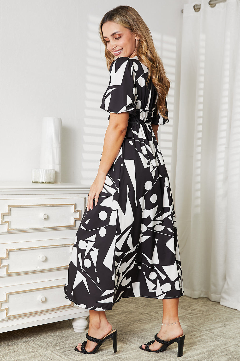 Printed Surplice Balloon Sleeve Dress - PLUS DRESSES - Camel