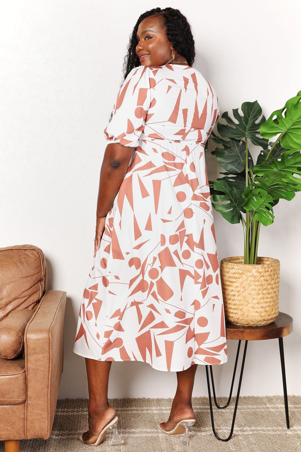 Printed Surplice Balloon Sleeve Dress - PLUS DRESSES - Camel