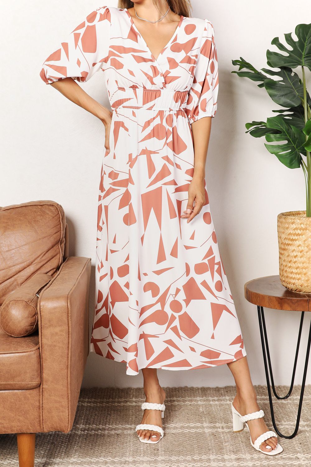 Printed Surplice Balloon Sleeve Dress - PLUS DRESSES - Camel