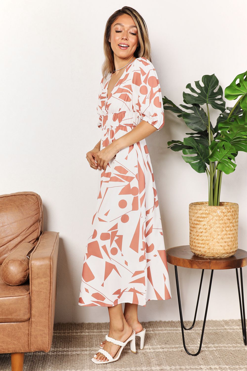 Printed Surplice Balloon Sleeve Dress - PLUS DRESSES - Camel