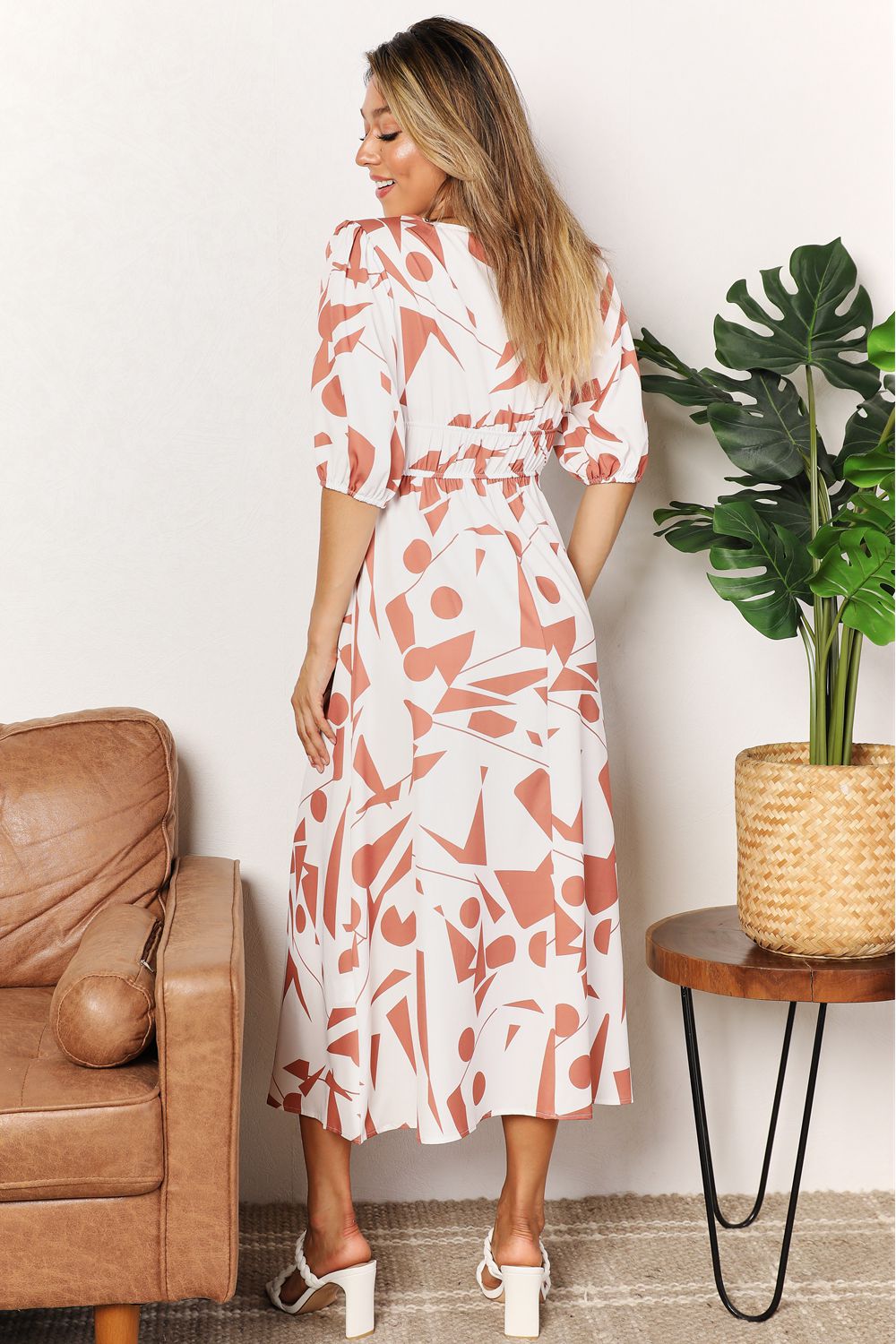 Printed Surplice Balloon Sleeve Dress - PLUS DRESSES - Camel