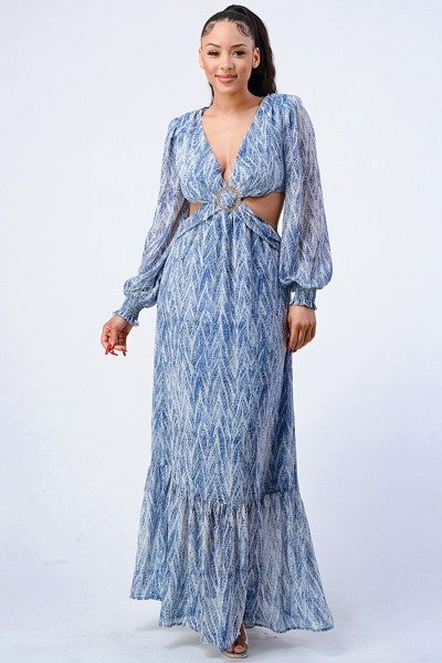 Printed V Neck Self Belted Side Cut Out Ruffled Maxi Dress Smile Sparker