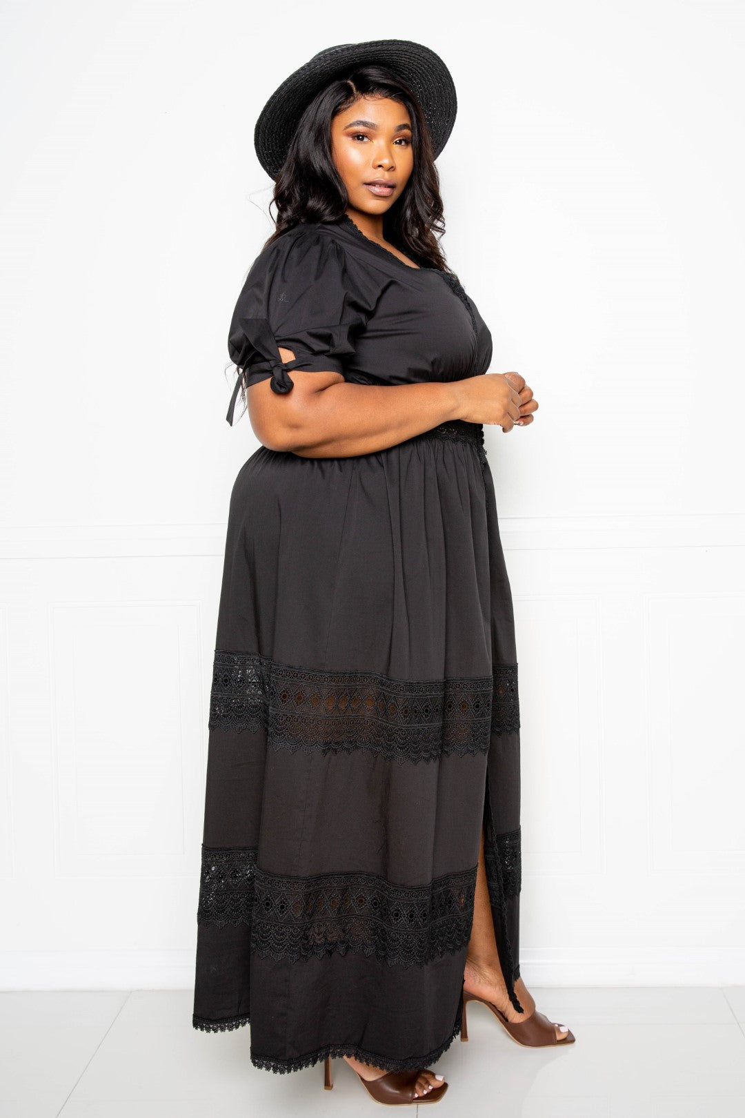 Puff Sleeve Maxi Dress With Lace Insert Smile Sparker