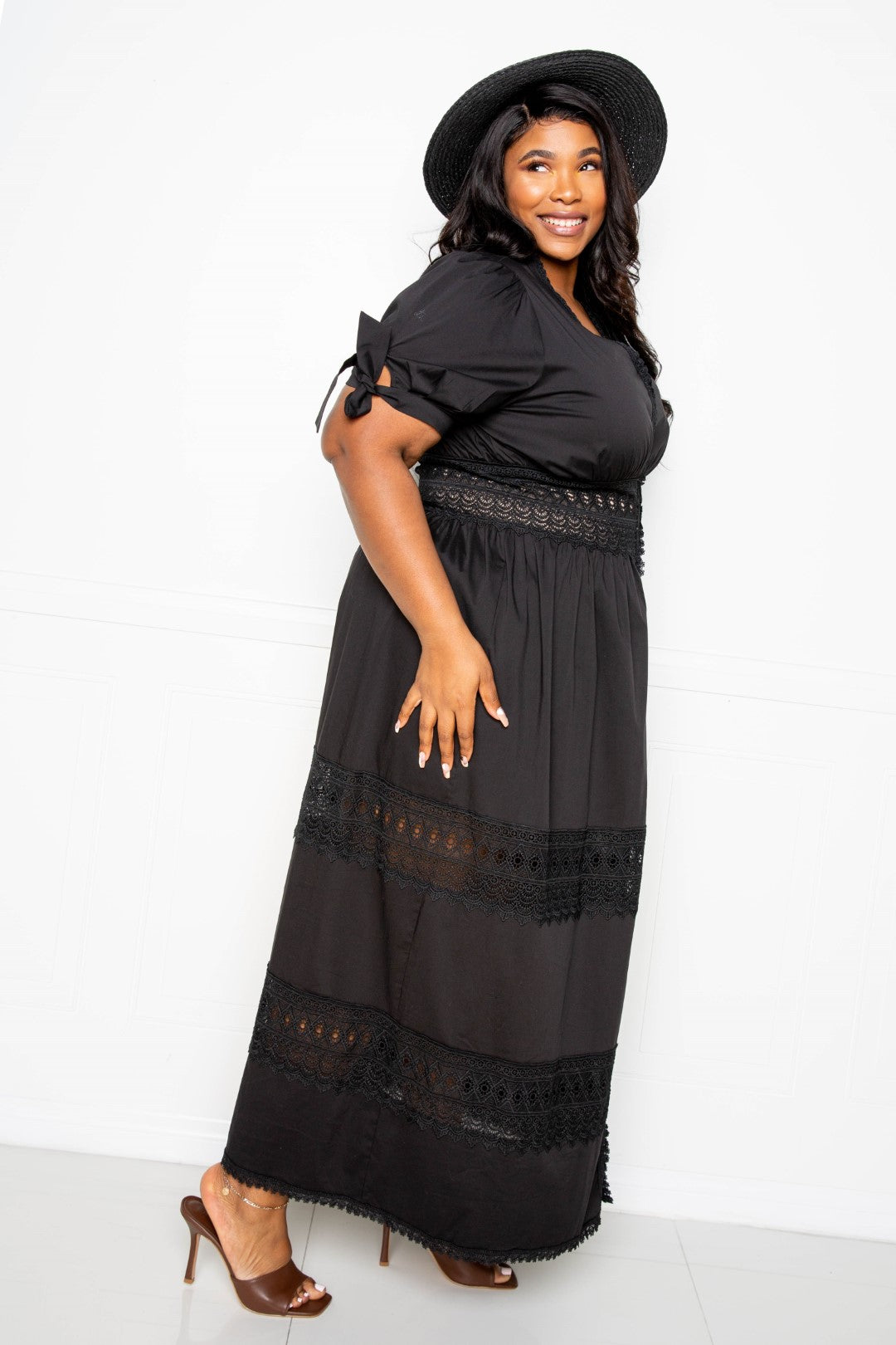 Puff Sleeve Maxi Dress With Lace Insert Smile Sparker