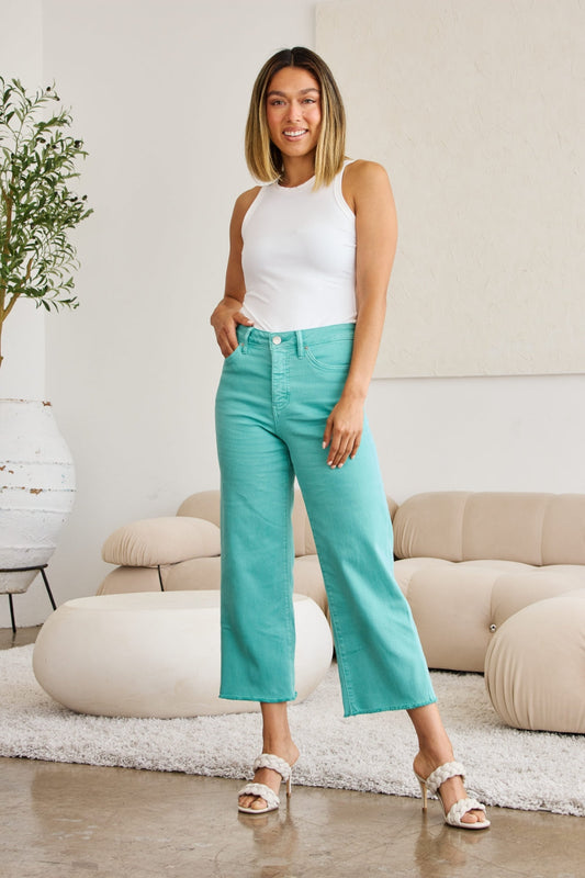 RFM Crop Chloe Full Size Tummy Control High Waist Raw Hem Jeans - Island Green / 23 - JEANS - Green